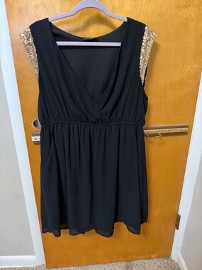 Black Sleeveless V-Neck Tunic with Gold Sequin Shoulders